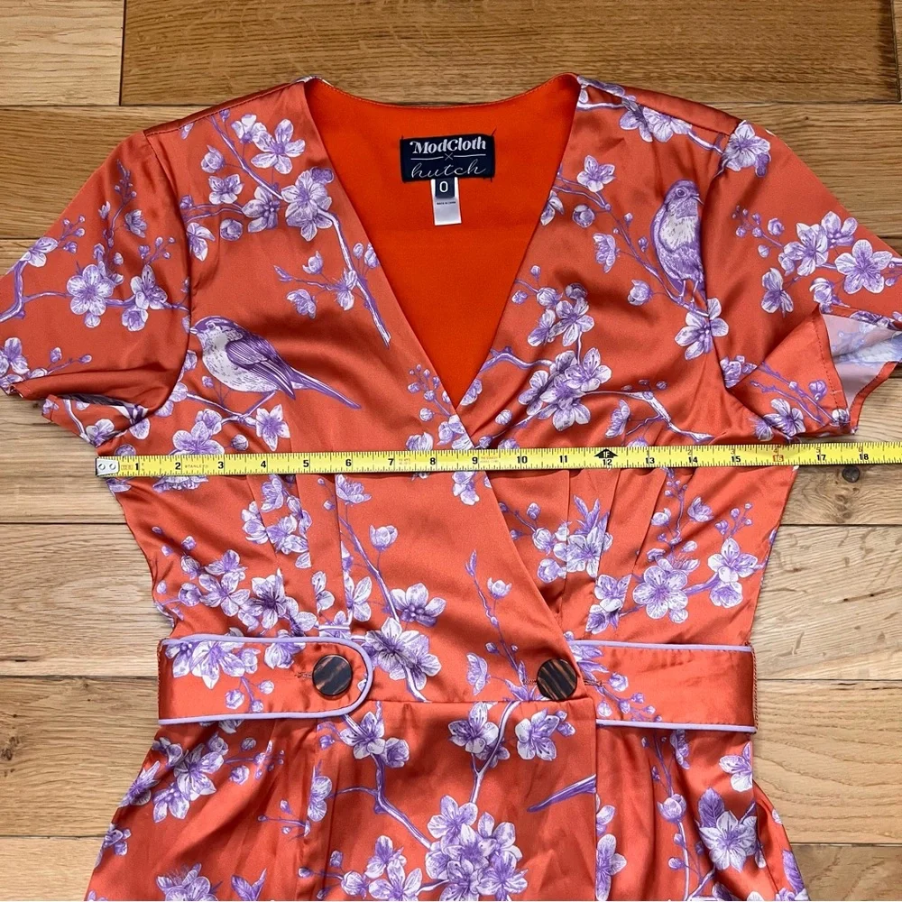 ModCloth Hutch Anthropologie Orange with Purple Floral Wrap Dress Size 0 - Picture 3 of 10
